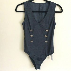 NWT Dream Bandits Women's V Neck Tank Bodysuit Gray with Gold Buttons Size M